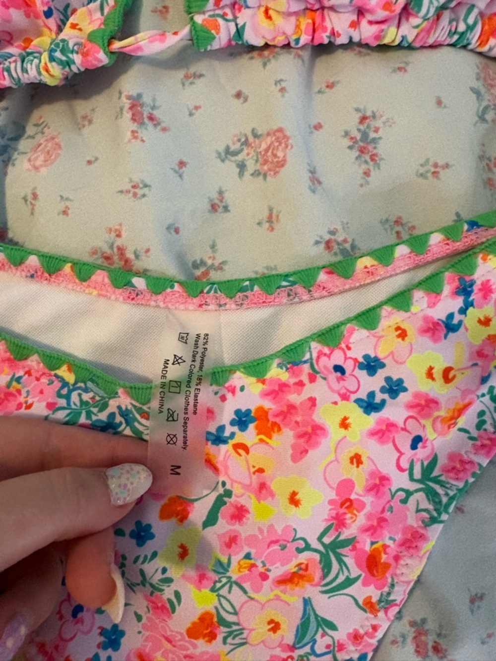 Floral Triangle Tie Bikini Set - Pink & Green - Picture 2 of 4